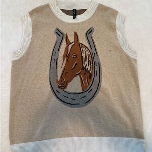 Horse & Horseshoe Knit Sweater Vest in Beige and White
